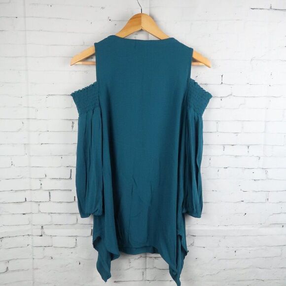 KNOX ROSE TEAL COLD SHOULDER 3/4 SLEEVE V NECK ASYMETRICAL TUNIC TOP SIZE S - Picture 10 of 10